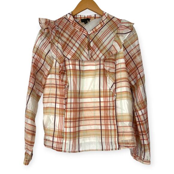 Anthropolgie Current Air | M | Polly Ruffled Peasant Blouse Plaid Semi Sheer Top - Picture 2 of 6